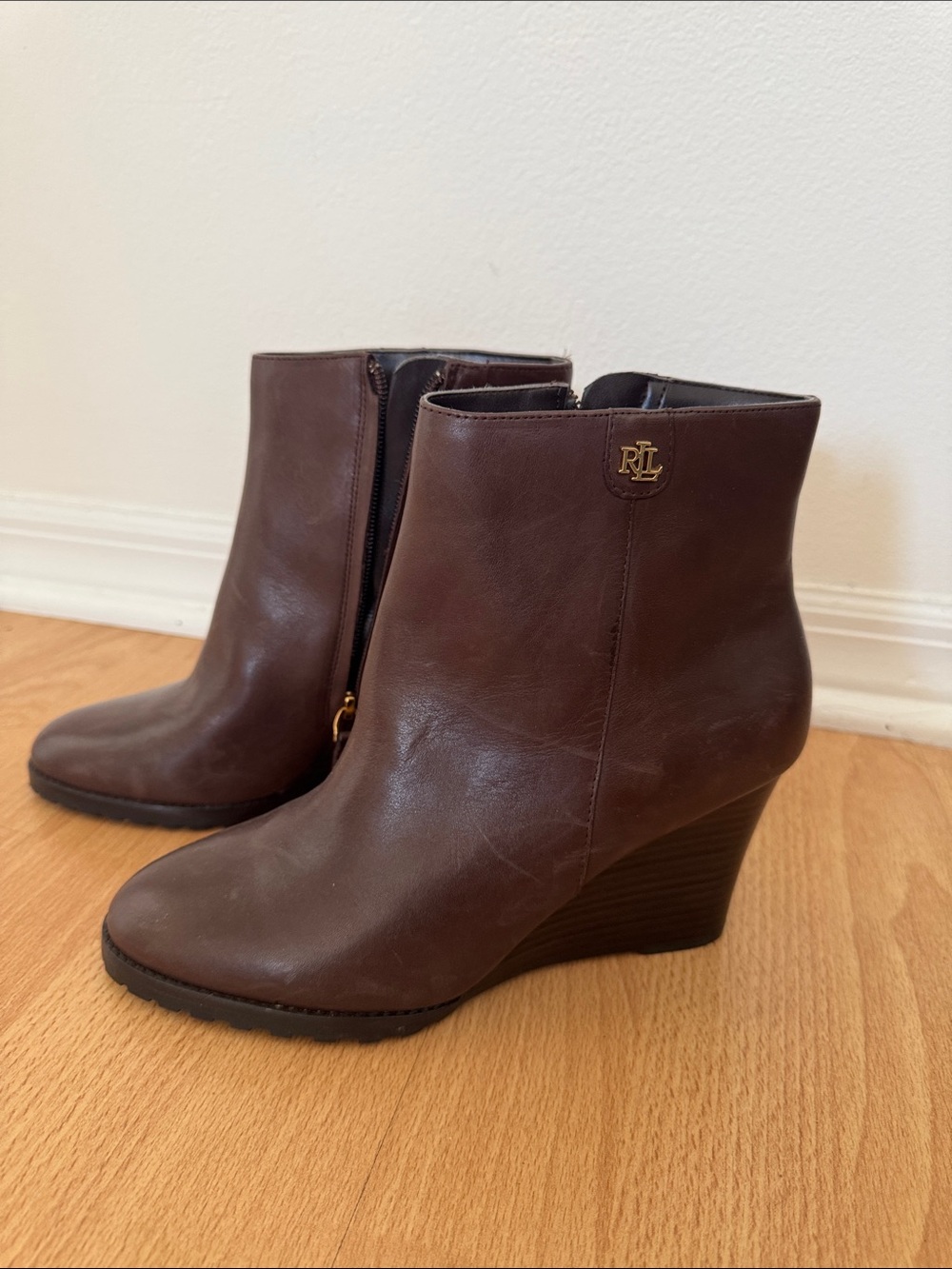 Ralph Lauren Dark Brown Leather Wedge Ankle Boots